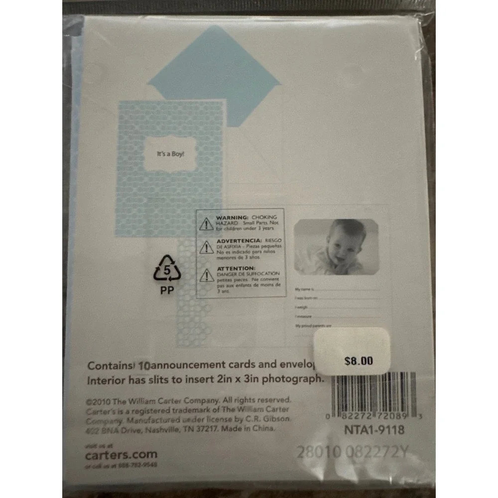 2pk Carters Its a Boy Birth Announcement Cards total 20ct Blue  (photo insert)
